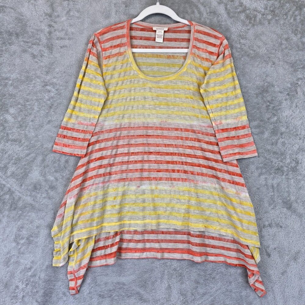 Sundance Shirt Womens Small Yellow Orange Stripe Tunic Asym Hem Made USA
